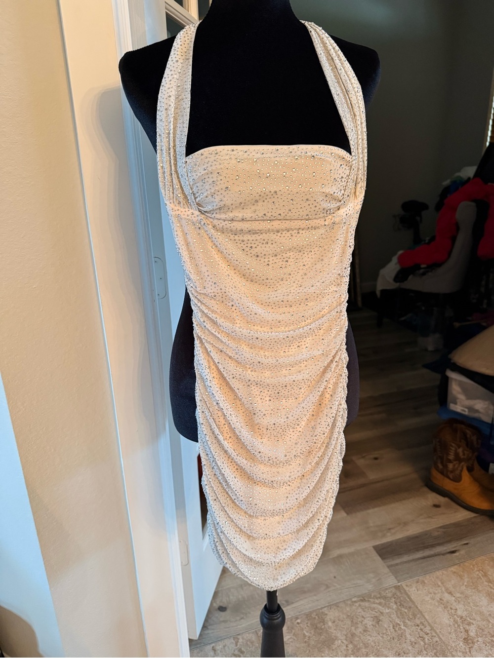 Oh Polly White Textured Haltered-Neck Crystals Mini Dress -2 - Picture 3 of 6